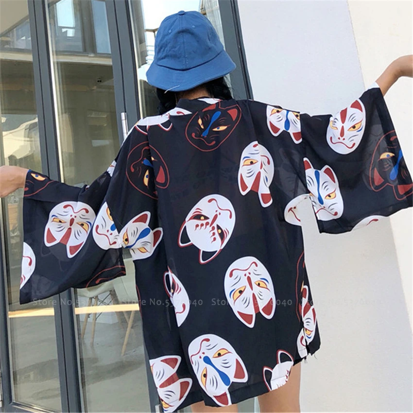 Женское кимоно-халат Haori летний кардиган в японском стиле с принтом кошки