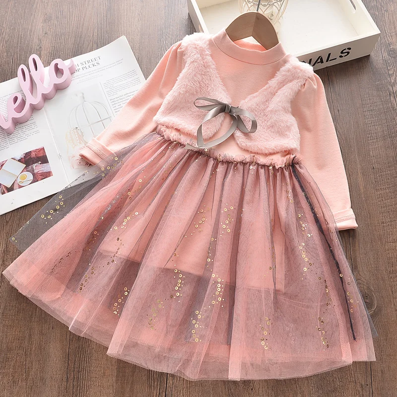 Menoea Girl Denim Dress 2022 Fashion Mesh Dresses Autumn Children Clothing Princess Button 2-8 Years Clothes | Детская одежда и