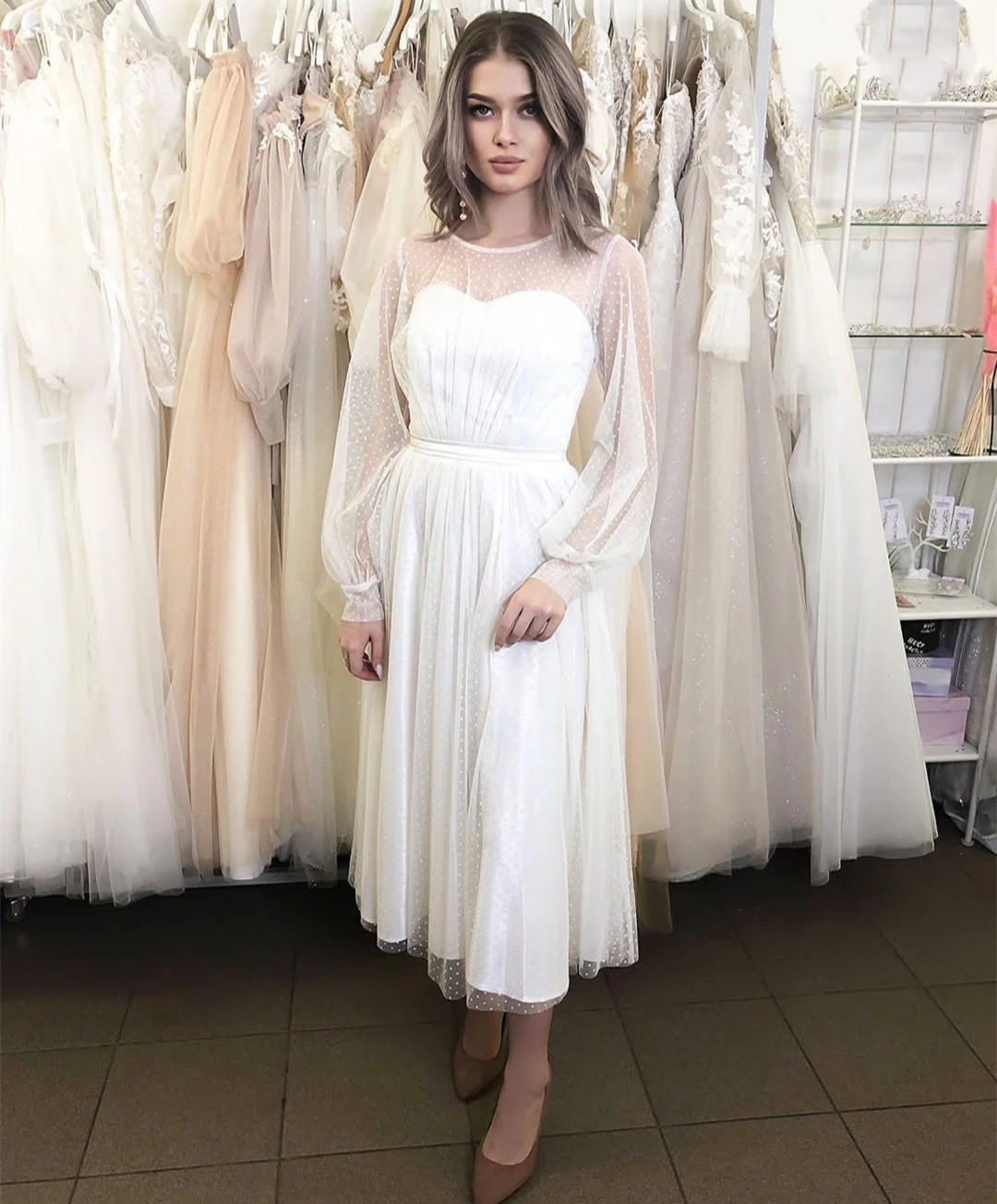 

Женское Короткое свадебное платье до щиколотки, винтажное платье невесты в горошек с длинным рукавом-фонариком, элегантное платье невесты