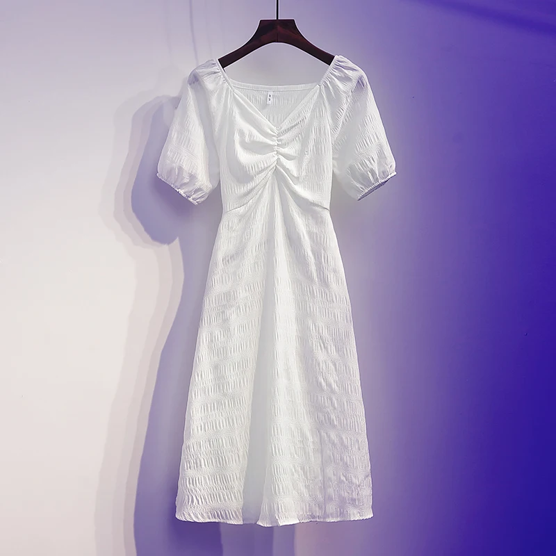 

Dresses Women Summer V-Neck Puff Sleeve Pure Sweet French Korean Style Crepe Womens Elegant Dress Feminino Soft High Quality New