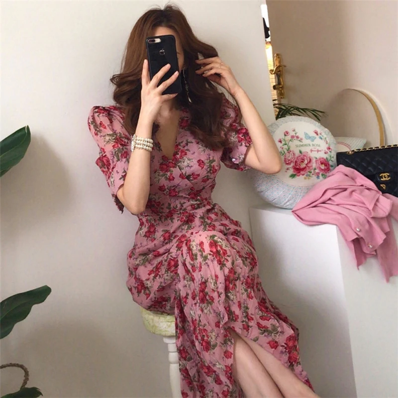 Платье женское Винтажное с V-образным вырезом Длинное Элегантное приталенное