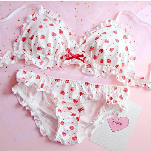 

Strawberry / Print Japanese Milk Silk Bra & Panties Set Wirefree Soft Underwear Intimates Set Kawaii Lolita Bra and Panty Set