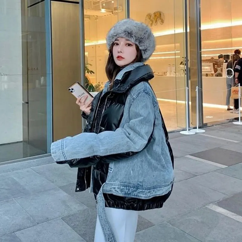 Autumn Winter Down Jacket Female 2021 New Puffer Jacket Cowboy Stitching Fake Two-Piece Large Size Short Parkas Women Warm Coat