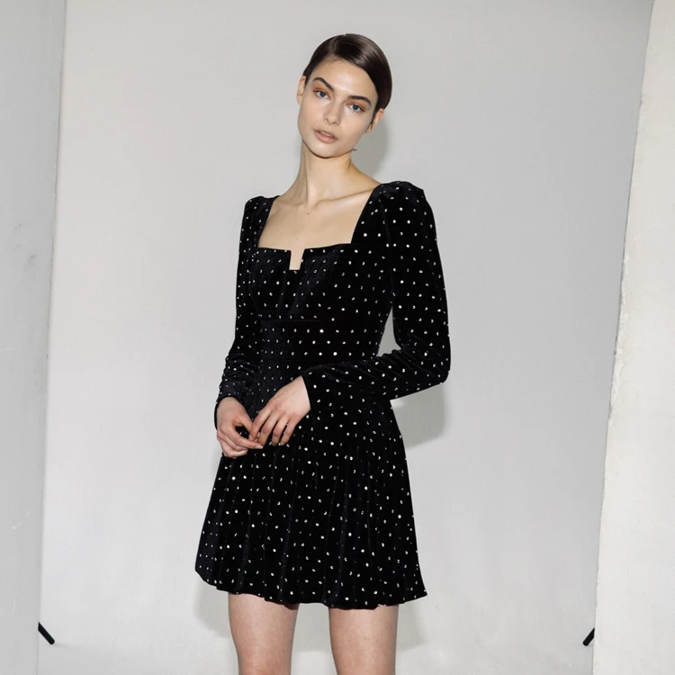 

Женское бархатное мини-платье, черное винтажное сексуальное платье-трапеция с длинным рукавом, со стразами, Осень-зима, 2021