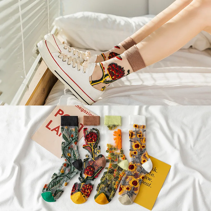 

Socks women's summer cotton thin section embroidered middle tube tide socks Japanese flowers glass silk breathable Female socks