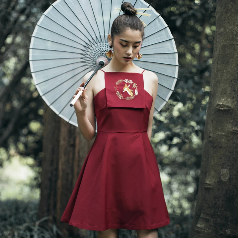 

Summer Original Design Women Vintage Embroidery Empire Waist Spaghetti Strap A-line Dresses