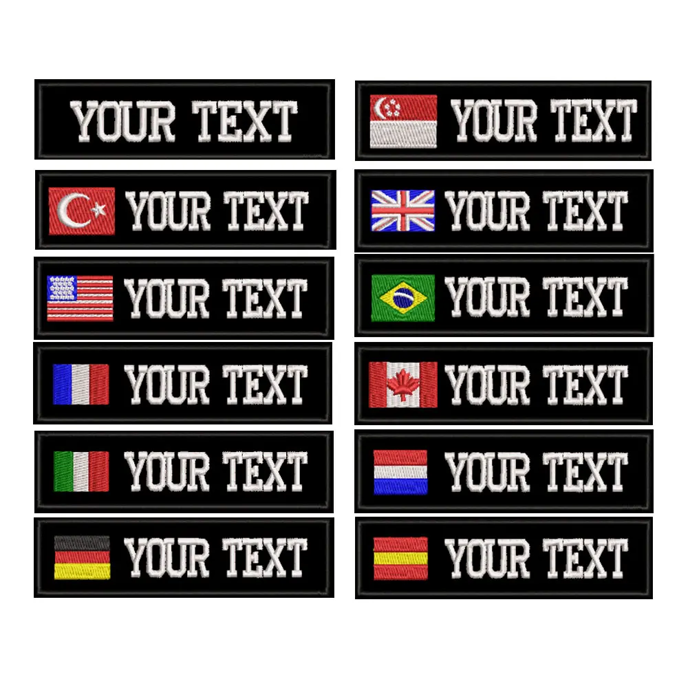 Rectangular 1 line custom Embroidered Name hook onpatch US brazil French UK country flag personalized flag for jacket,bag,coat