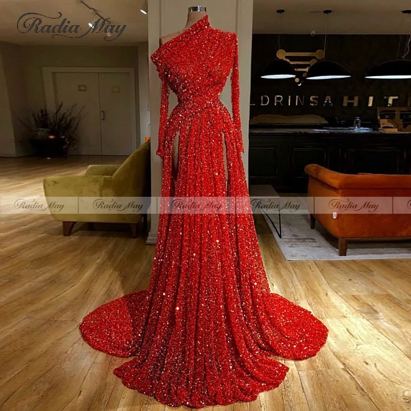 2020 Элегантное Длинное Красное арабское вечернее платье с длинными рукавами на