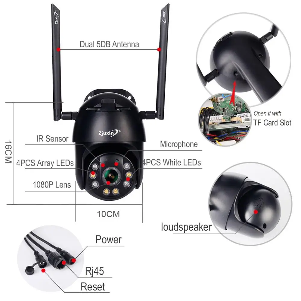 Zjuxin PTZ Wifi камера беспроводная уличная PTZ ip камера водонепроницаемая 1080P камера безопасности двойной светильник ipcam iCSee