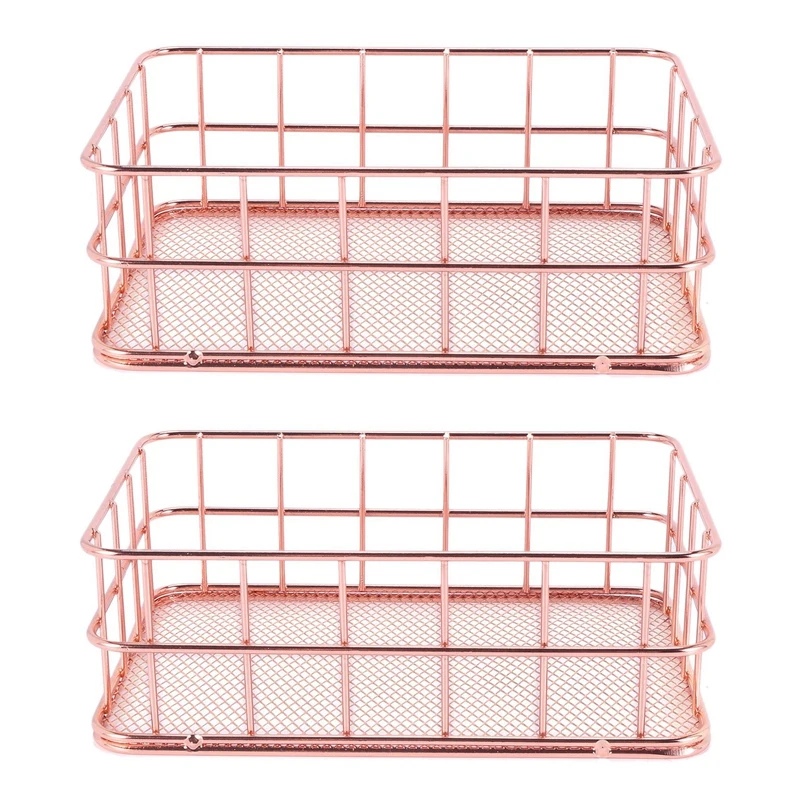 

2X Storage Basket metal Wire Bathroom Shelves Makeup Organiser Rose Gold Brush Pen Holder Wire Mesh Bathroom Toiletries