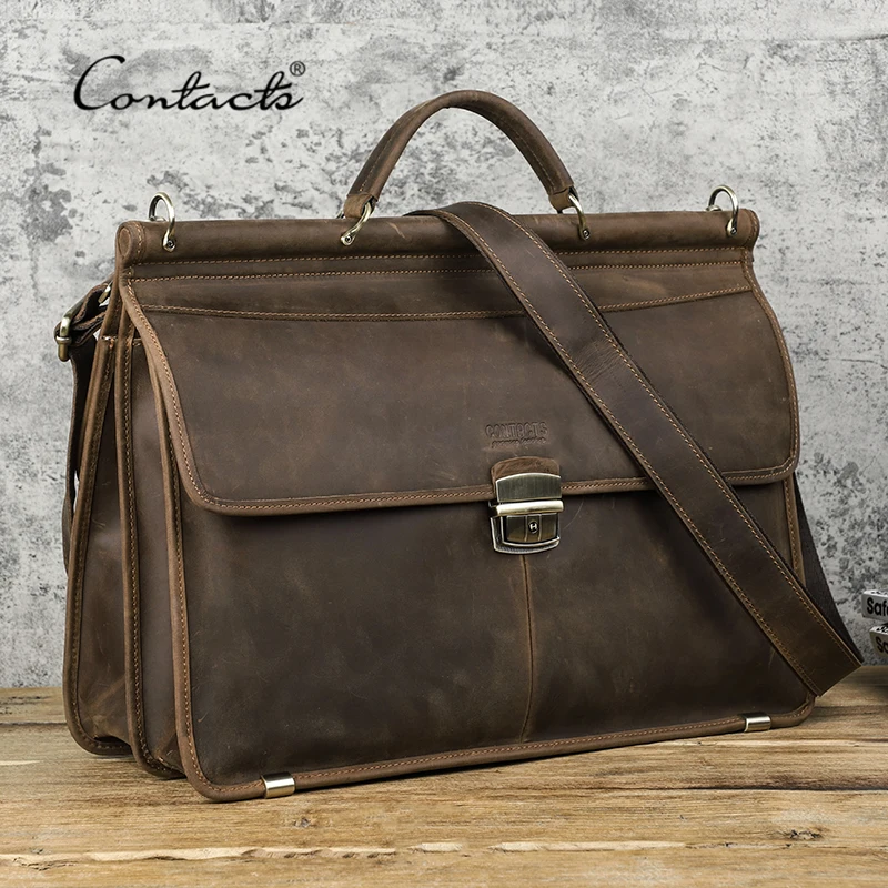

CONTACT'S Vintage Men's Briefcase Crazy Horse Leather Business Laptop Bag for 15.6 inch Large Capacity Shoulder Messenger Bags