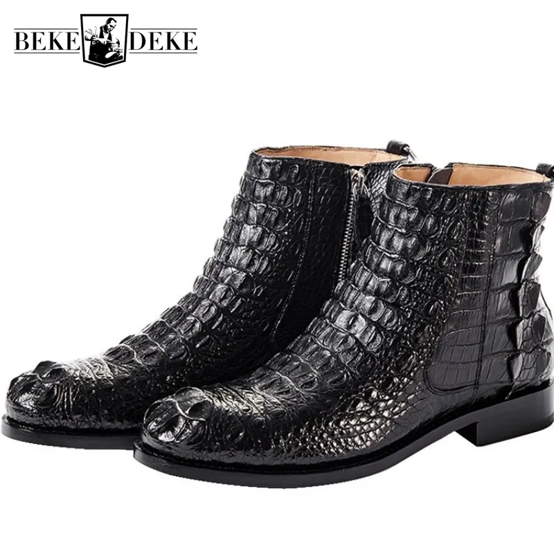 

Genuine Crocodile Leather Shoes Men Luxury Business Zip Ankle Boot High Quality British Winter Flat Boots Office Chelsea Booties