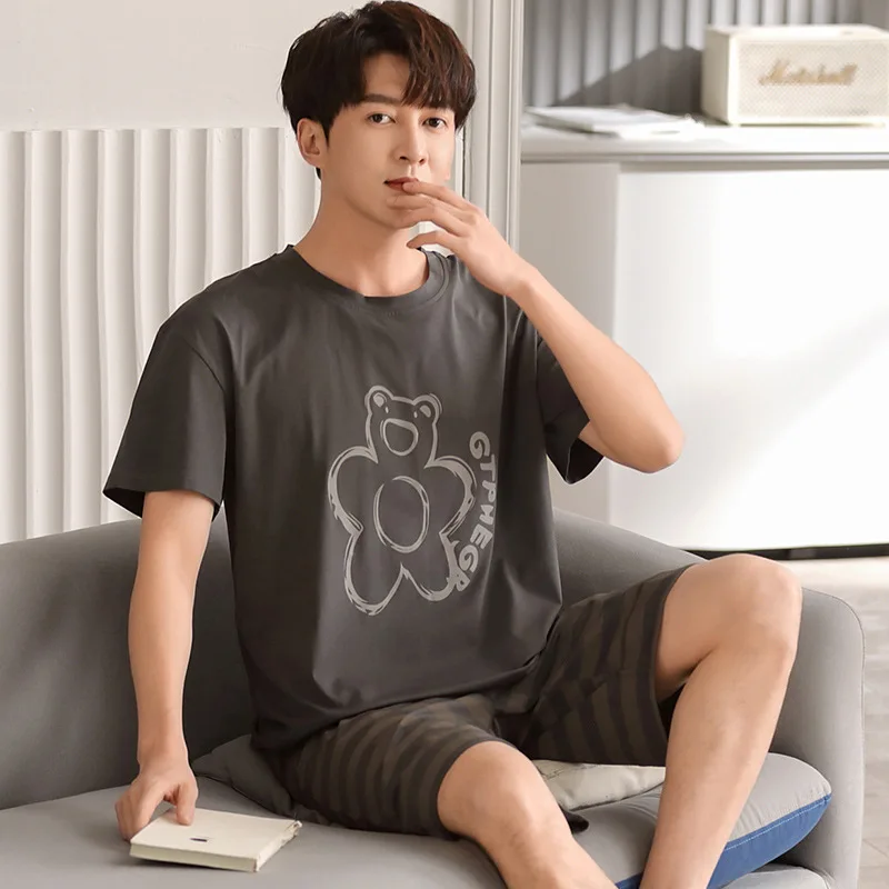 

New Summer Simplicity Pajamas Suit Men Cotton Sleeve Shorts Pyjamas Sunshine Youthful Vitality Homewear External Wear Sleepwear