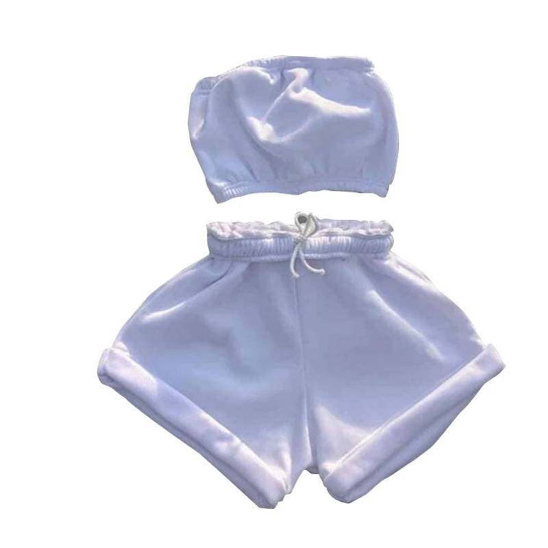 

Women Summer 2pcs Outfits Strapless Bandeau Tube Top Drawstring Shorts Tracksuit