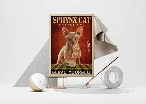 Оловянные знаки Pozino кошки Сфинкс кофейный ко-подарите себе металлический знак кофейная стена искусство кошка металлическая вывеска котенок Художественная печать Сфинкс Кошка