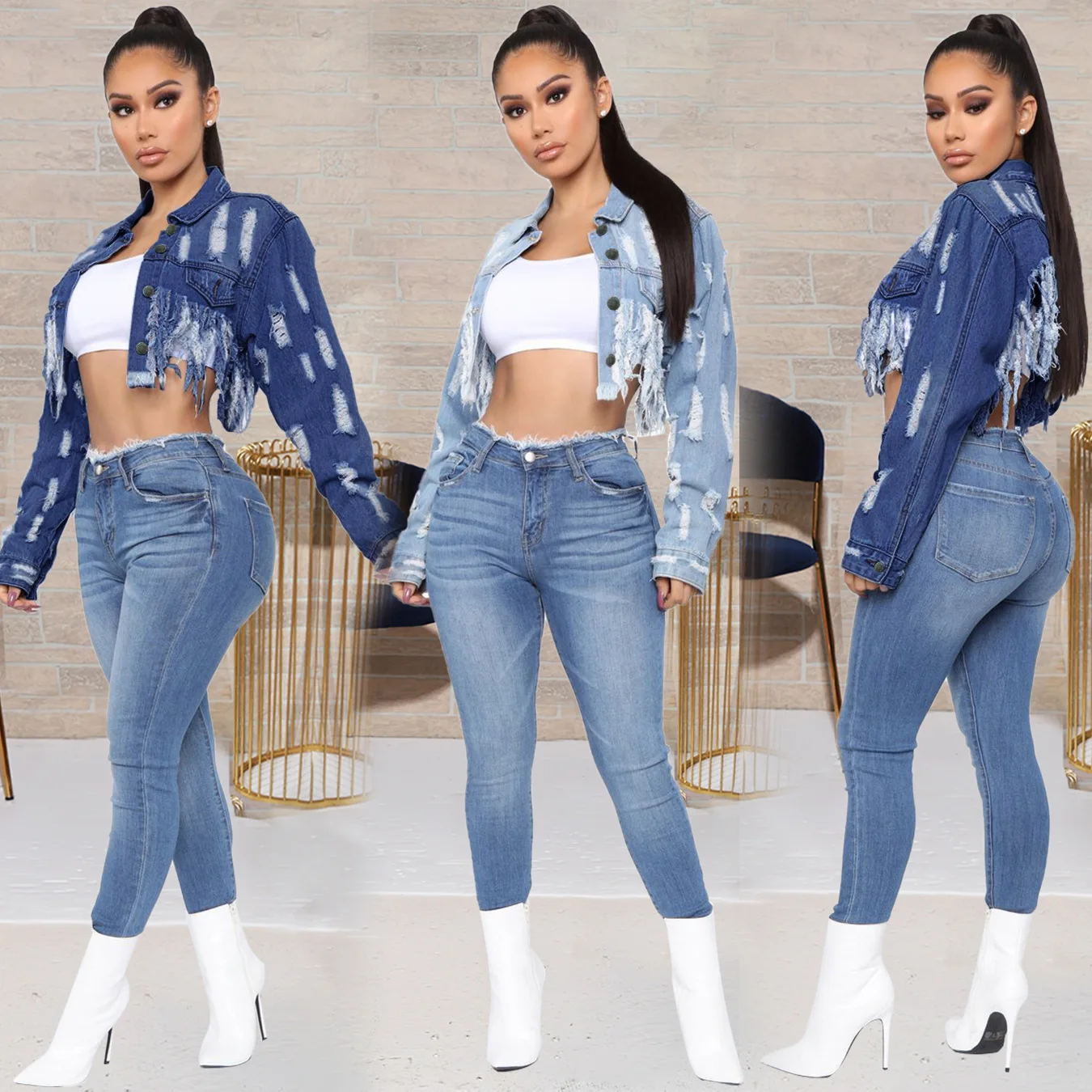 

European and American summer women's plus size personalized short jacket with holes on the back and tassel denim jacket women