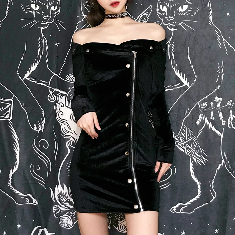 

Женское однотонное платье-трапеция с вырезом лодочкой и высокой талией, Повседневное платье выше колена с длинным рукавом и застежкой-молн...