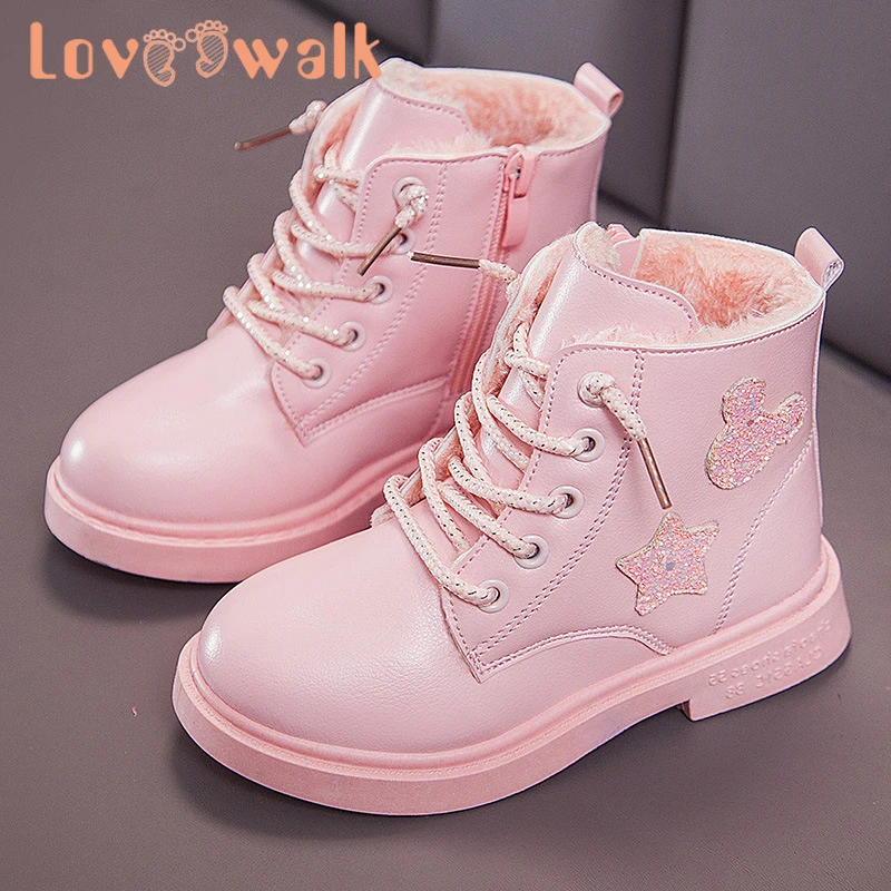 Кожаные ботинки для девочек сезон осень зима ботильоны блестящие Утепленные со