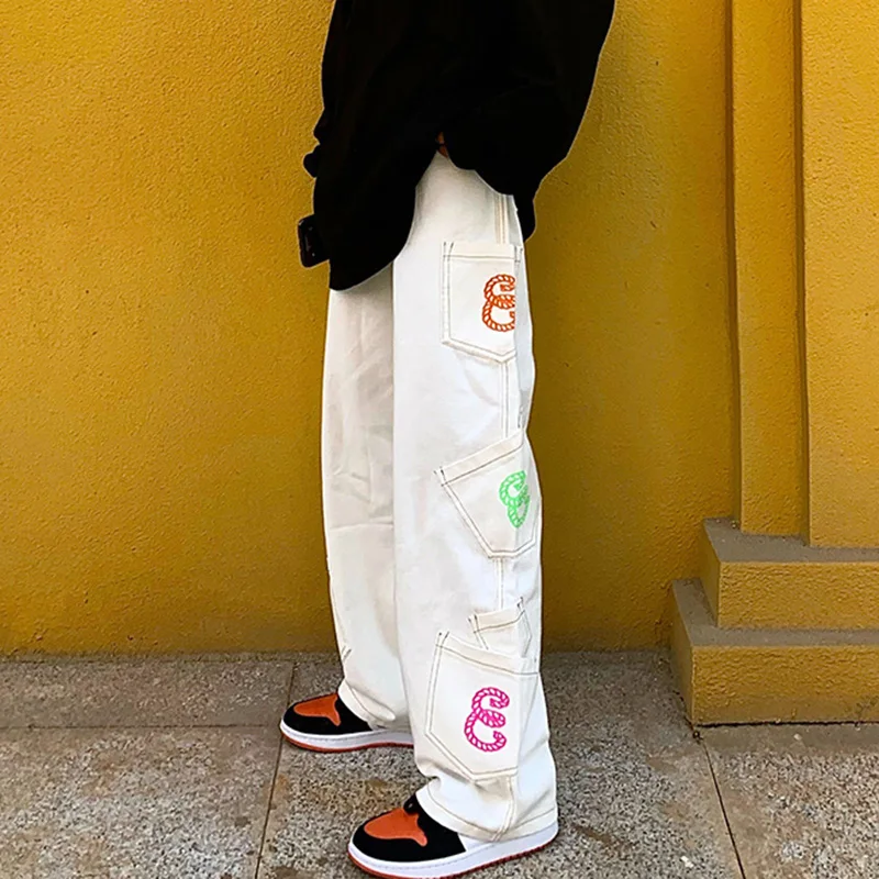 

Retro Pocket Letter Print Straight Cargo Pants Men and Women Oversize Jeans Trousers Harajuku Streetwear Casual Denim Pants