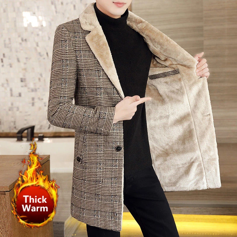

Fall Winter Korean Thickened Slim Woolen Long Thick Warm Jacket Streetwear Fake Fur Lapel Men Jacket Trench Coat Men Tweed Coat