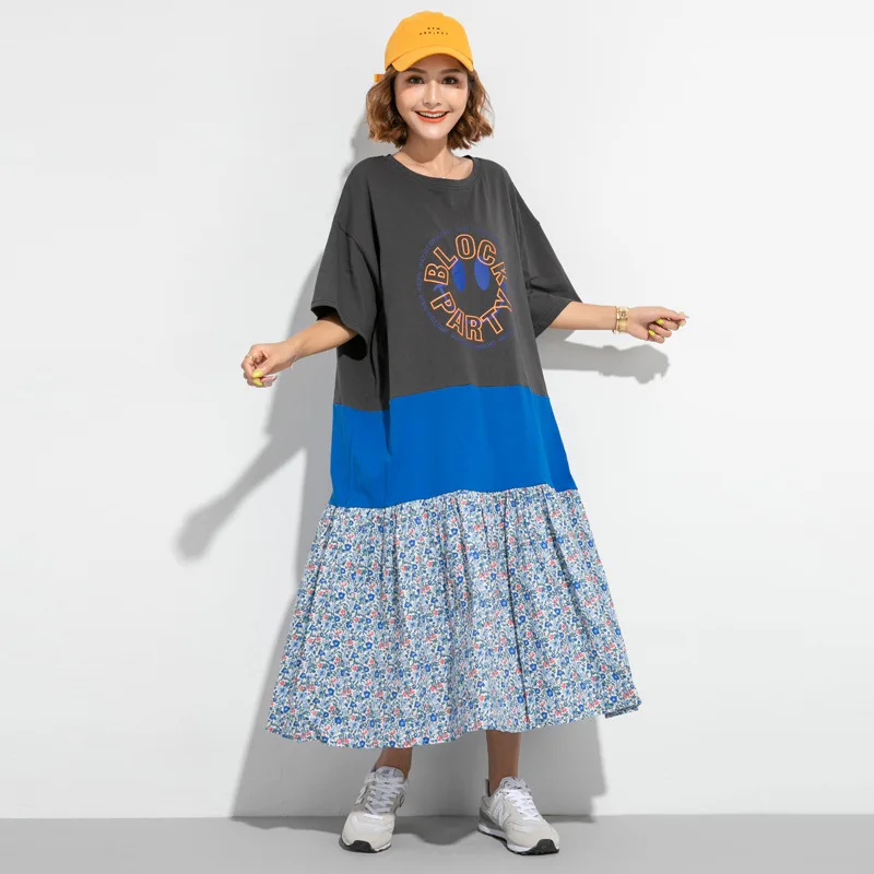 

Vefadisa Black Gray Smile Face Long Dress Women 2021 Summer Patchwork Long Dress Plus Size Stitching Color Women Dress QYF5135