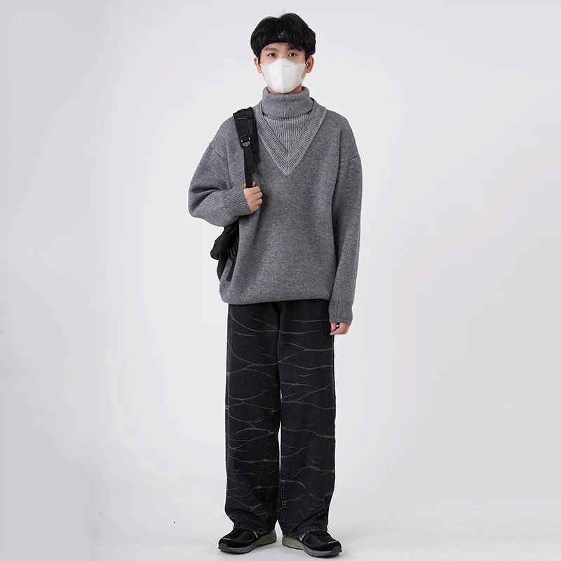 

IEFB Korean Streetwear Fashion Strght Pants For Male Ins Tide Loose Jeans Men's Casual Couple Vintage Print Denim Trousers 2021