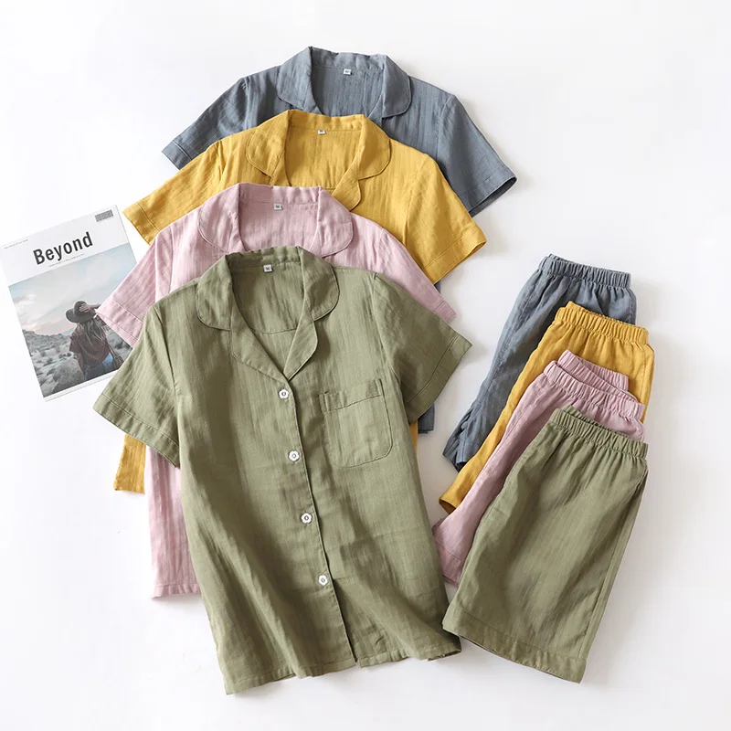 

New Japanese-style summer couple pajamas men and women cotton gauze thin short-sleeved shorts home service cardigan suit loose t