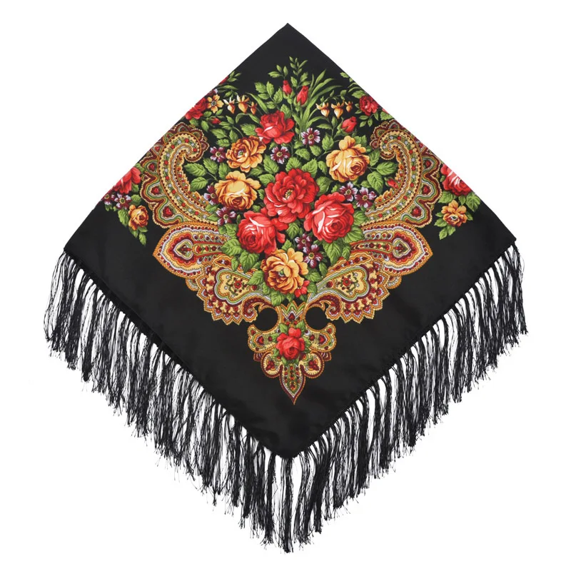 

Women Scarf Winter Shawl Female Russian Babushka Long Hijab Floral Pattern Dupatta Retro Ukrainian Polish Fringed Spain Scarf