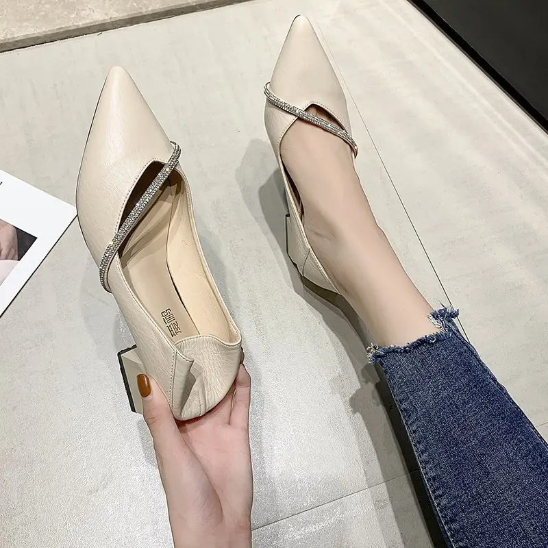 

All-match new pointed square heel shallow mouth set foot ladies single shoes rhinestone small leather shoes high heels X725