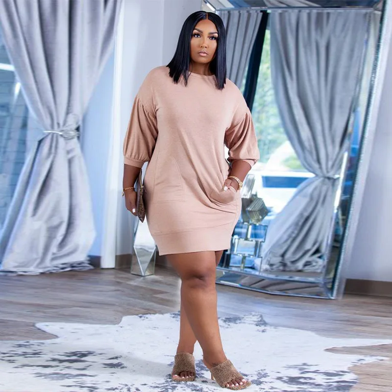 

Perl Casual Round Neck Elegant with Pocket Solid Loose Streetwear Autumn Winter Outfits Plus Size Women's Clothing 3XL 4XL