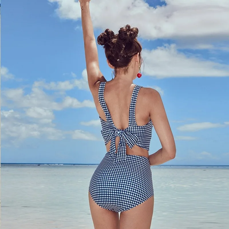 

New trend sexy bathing suit woman highlights body playful high waist bikini blue plaid with steel plate split swimwear 8843
