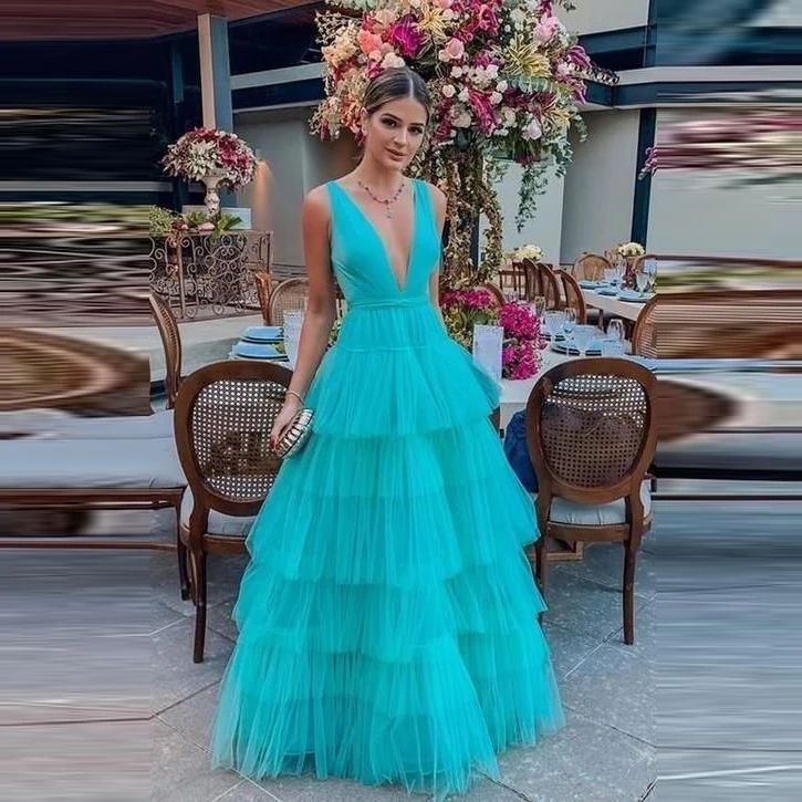 

Fashion Sexy Exquisite Turquoise Deep V-neck Women Dresses Tulle Layered Ruffles Celebrity Dress Gown Long Length Skirts
