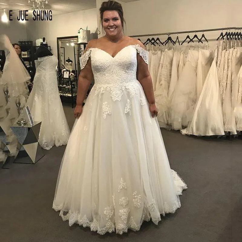 

E JUE SHUNG Plus Size Lace Wedding Dresses Off Shoulder with Appliques Lace Up 2020 Tulle Wedding Bridal Gowns robe de mariee
