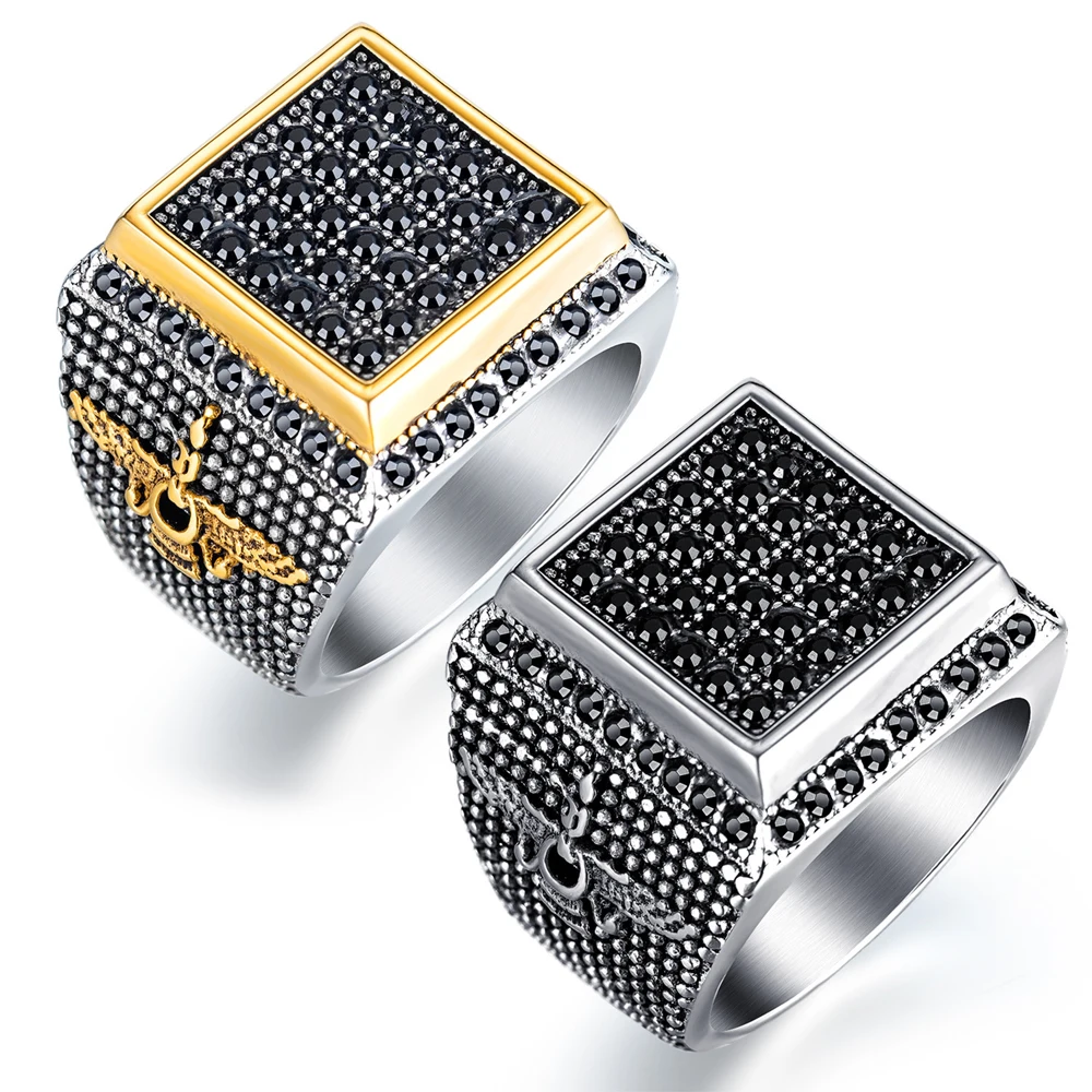 

New Fashion Retro Big Ring Front Square for Men Inlaid Black Stone Crystal Eagle Pattern Ring Accessories Party Jewelry Size8-12