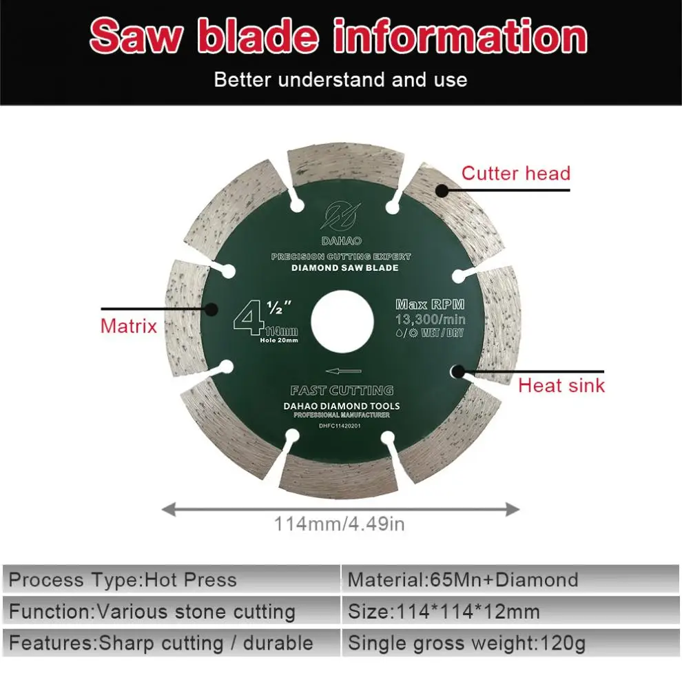 

114mm Split Tooth Segmented Shape Diamond Saw Blade Volcanic Rock Cutting Blade Support Wet Dry Cutting for Masonry / Brick