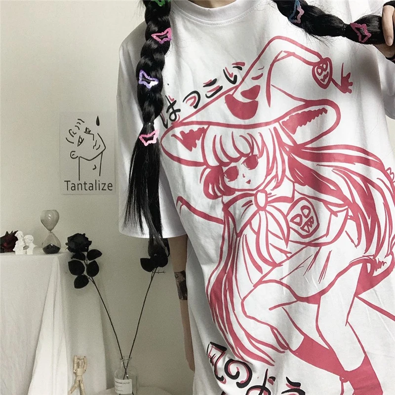 

Dark Magic Girl Harajuku Cartoon Anime Short-Sleeved T-Shirt Female Summer Korean Ins Casual O-Neck Loose Oversized T-Shirt 2021