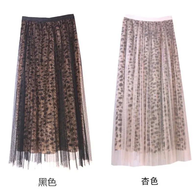 Женская плиссированная юбка с леопардовым принтом длинная сетчатая высокой
