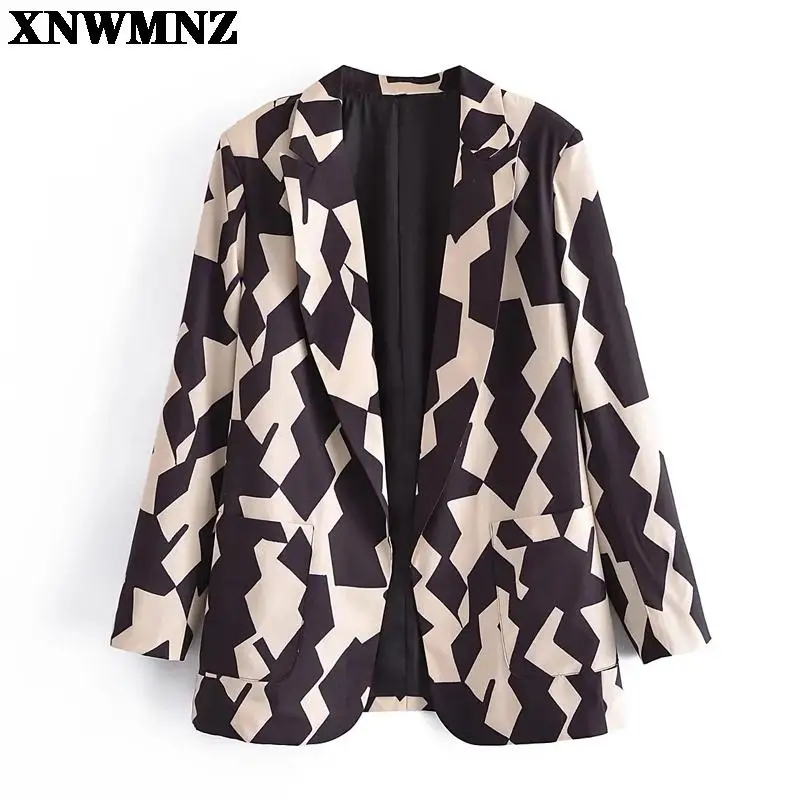 

XNWMNZ 2021 женский пиджак с геометрическим принтом с карманами и отложным воротником с длинным рукавом костюм женский весенний и осенний блейз...