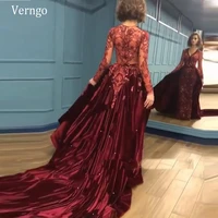 sparkly burgundy evening dresses detachable train velour long sleeves prom gown lace applique dubai arabic 2020 formal dress