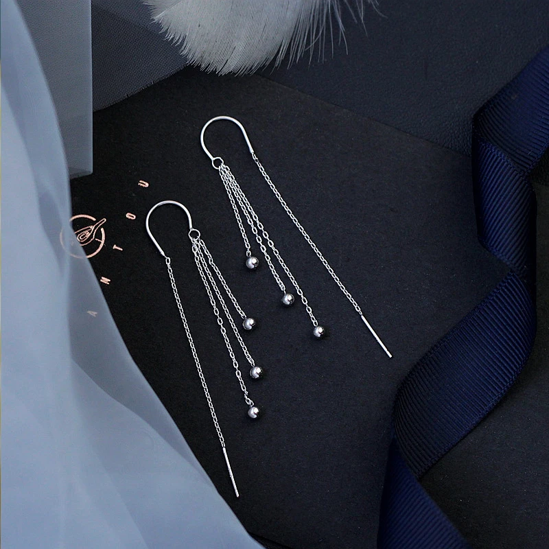 Оптовая продажа серебряные серьги капельки с длинной кисточкой круглые бусины