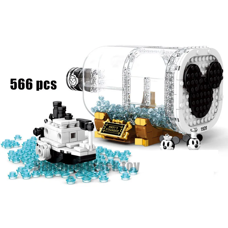 

2020 new Disney cartoon character Mickey Minnie steamship ship in a bottle model building block set children's toy gift