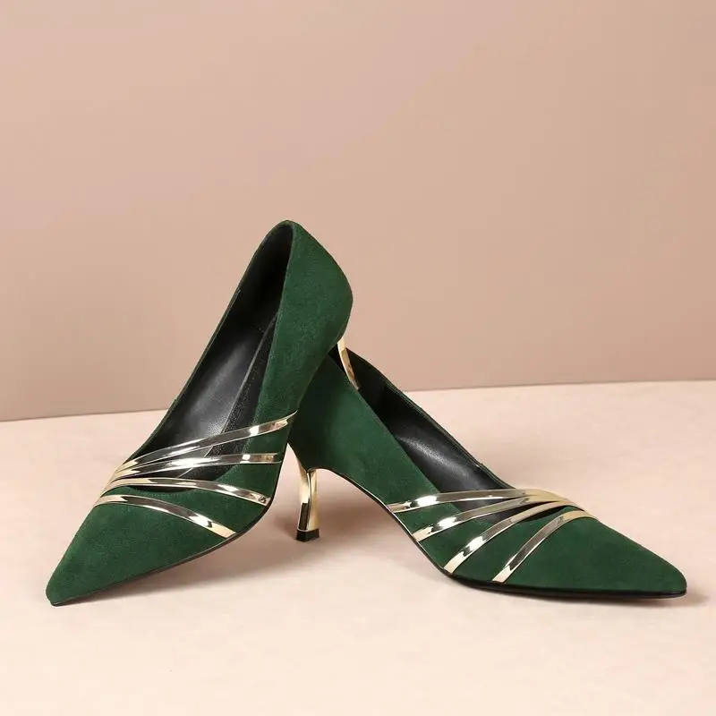 

ALLBITEFO Gold ribbon design stiletto sheepskin genuine leather women heels shoes fashion high heel shoes party wedding shoes