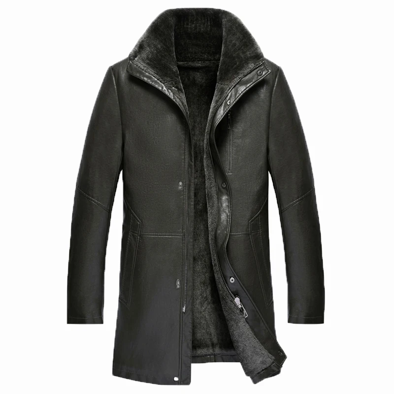 Men's Sheepskin Shearling Coat Black Leather Jacket Long Outerwear ...