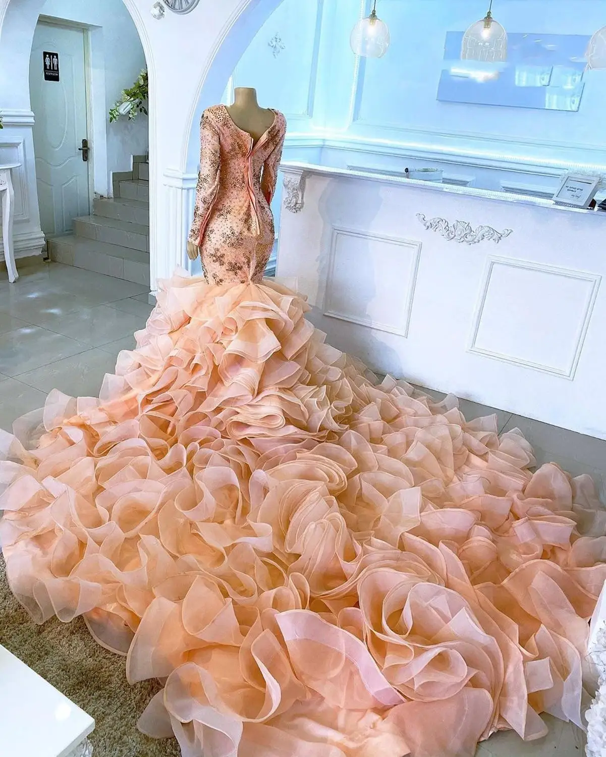 African Pink Lace Beaded Mermaid With Full Sleeves Long Ruffles Organza Train Elegant Long Prom Gowns Real Image