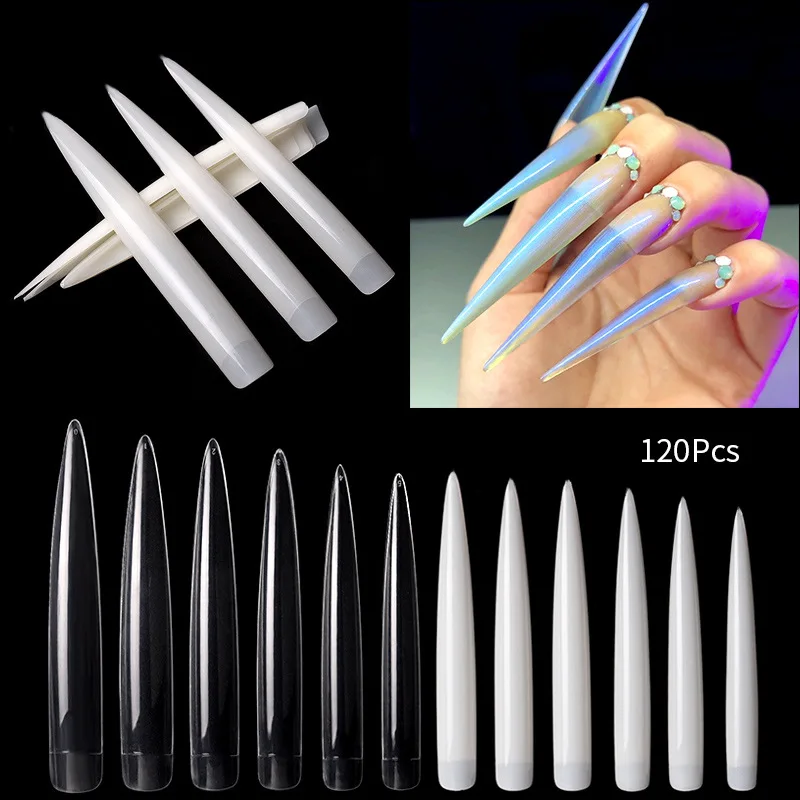 

120Pcs/Pack 10Sizes Long Sharp False Nails Salon Tips Acrylic Fake Nail Art Tips Clear Natural Colors Optional