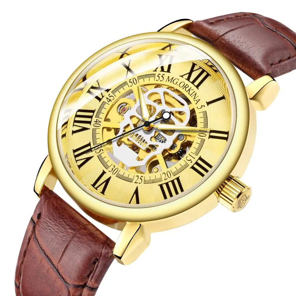 New Number Military Design Bezel Gold Men's Watches Top Brand Luxury Steampunk Clock Men Skeleton Automatic Mechanical | Наручные