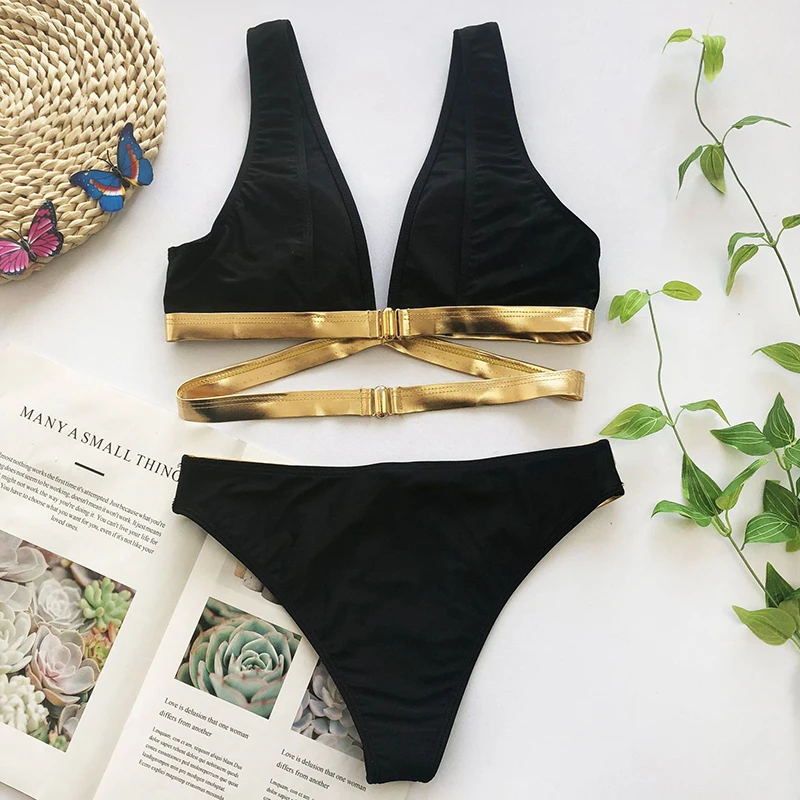 Соблазнительное черно-Золотое блестящее бикини-бандо 2020 купальник с высокой