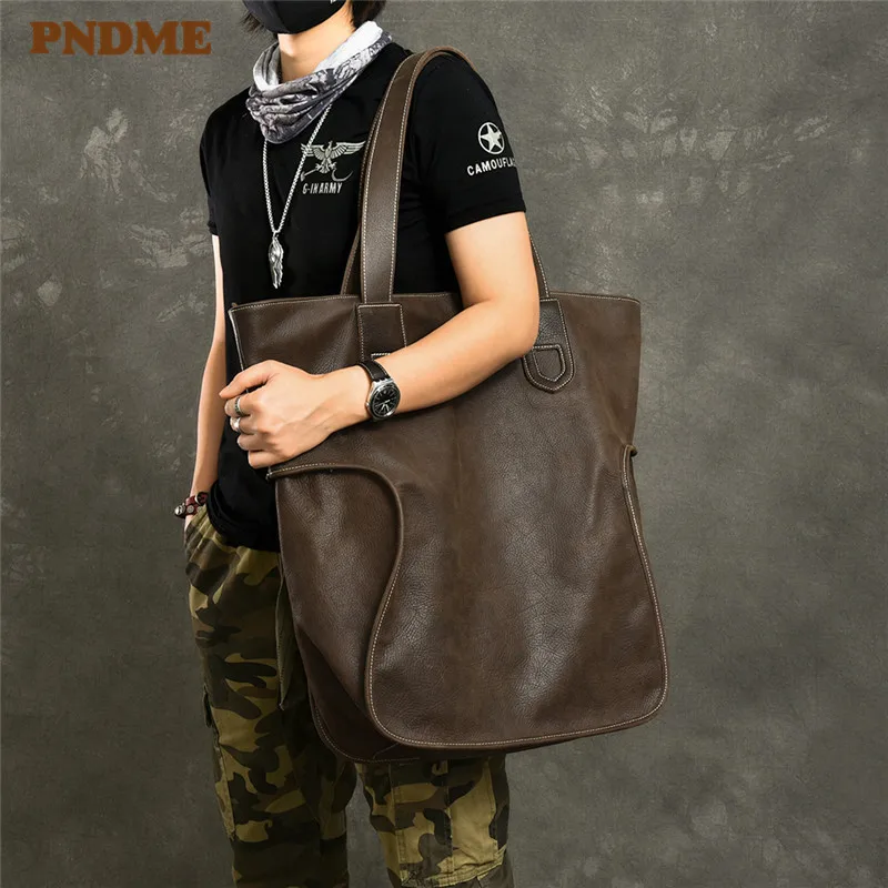 PNDME large capacity vintage genuine leather men's tote bag casual simple cowhide oversized shopping shoulder bag luxury handbag
