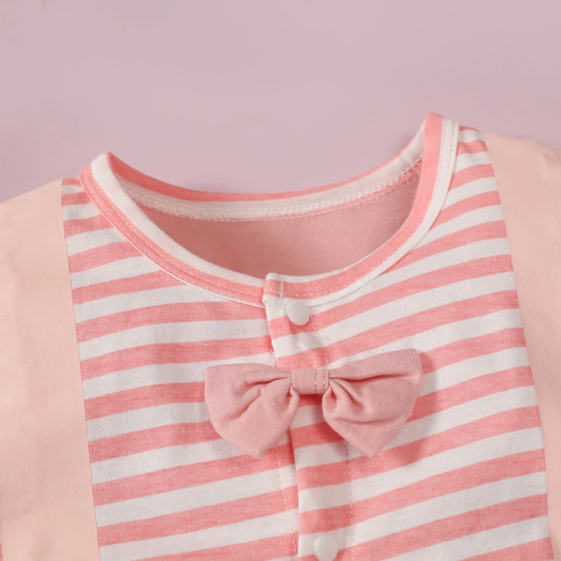 

WEIXINBUY Toddler Baby Boy Girl Striped Stitching Short Sleeve Romper Strap Pattern Bowknot Bodysuit 0-18M
