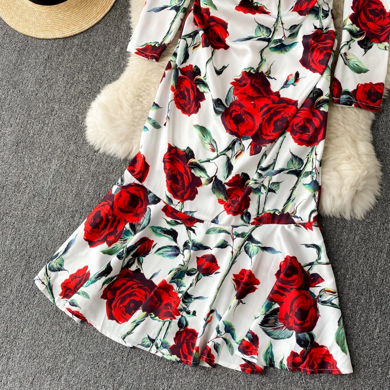 

Bohemian Red/Green/Pink Flower Print Mermaid Dress Women Casual Square Collar Long Sleeve Ruffle Hem Vestidos Spring Autumn New